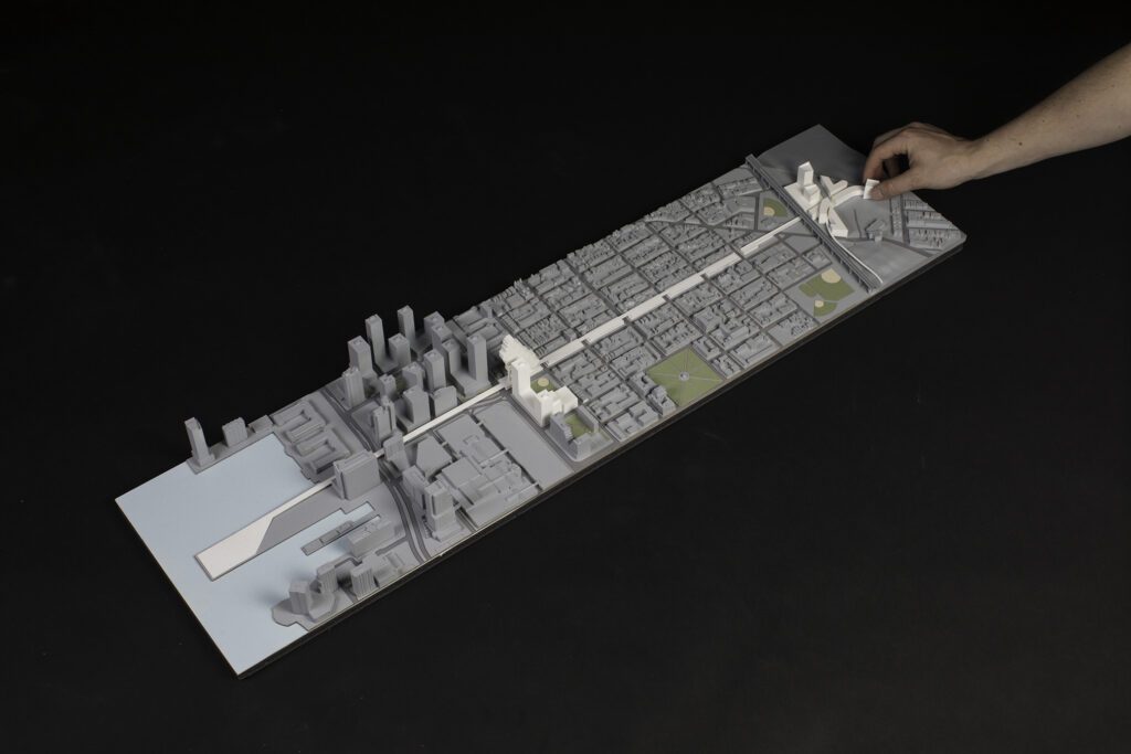 Long architectural site model made by MHS Architecture