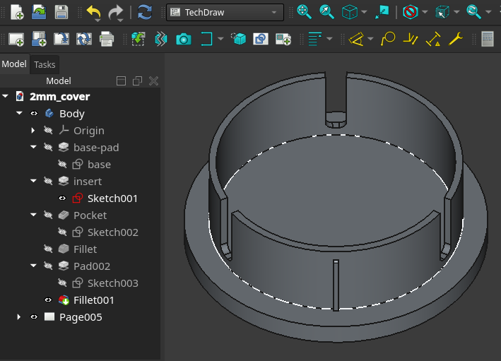 FreeCAD model of a custom 2-inch telescope focuser cap with a slotted cylindrical insert